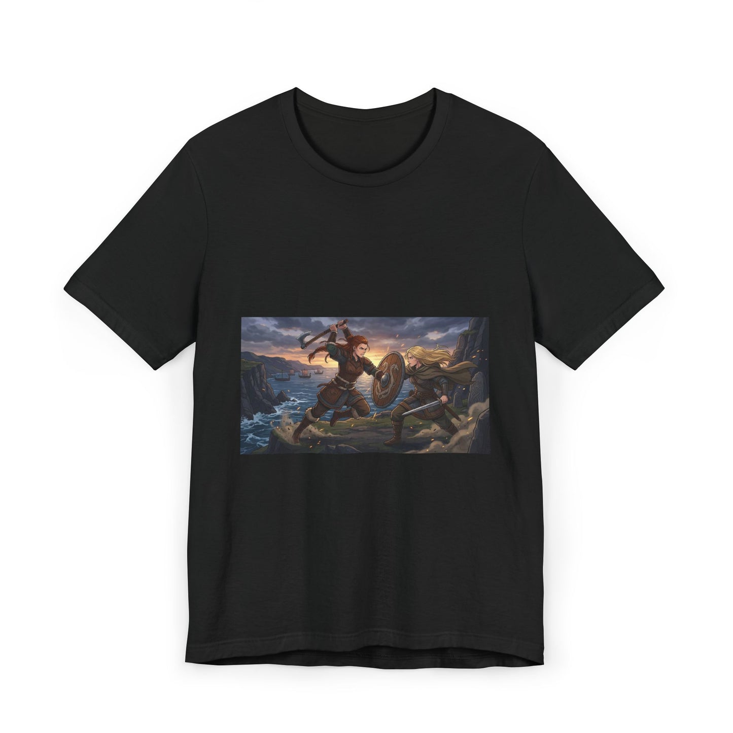 Viking Warrior Battle Scene T-Shirt — Norse Myth Shield & Axe Graphic Tee