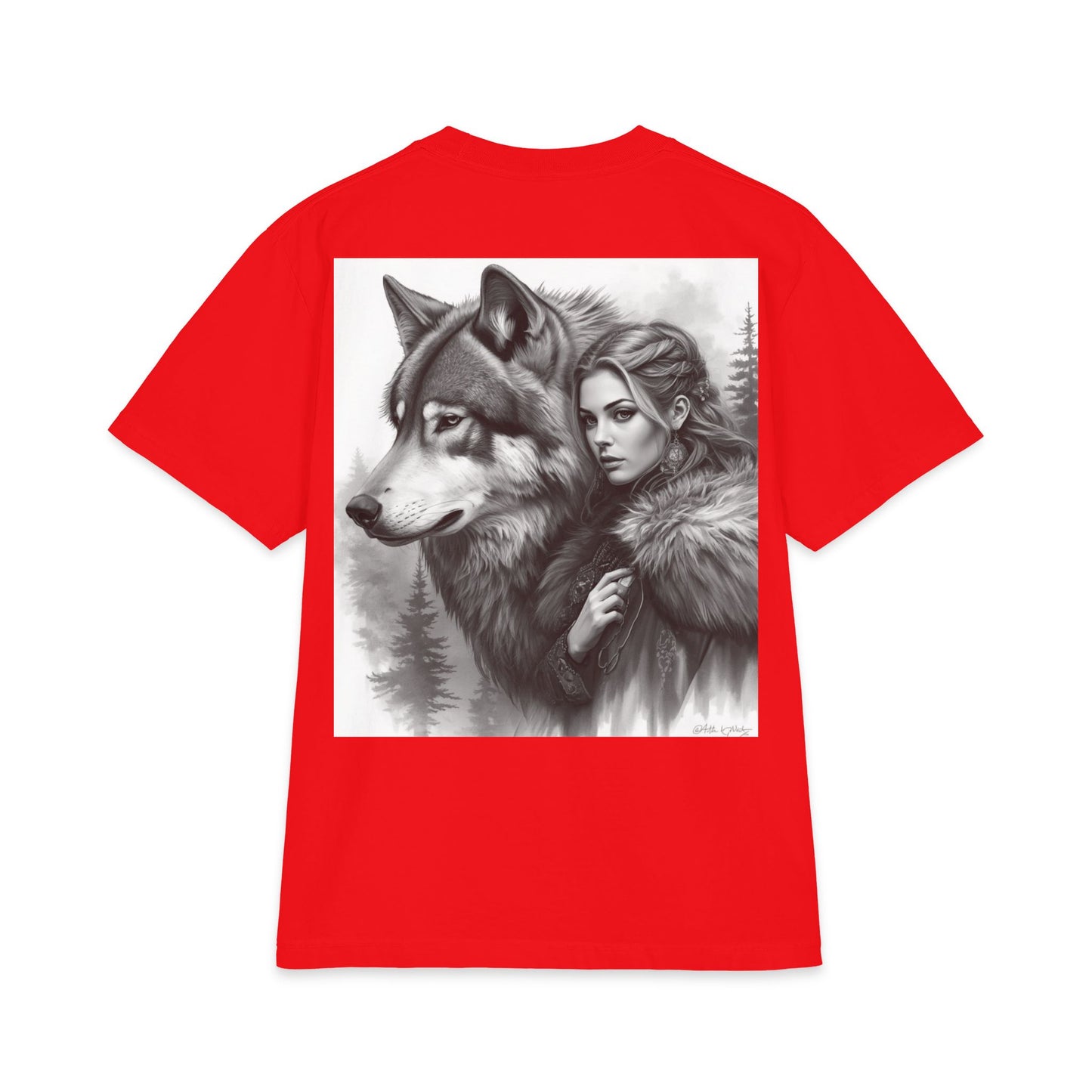 Wolf Guardian T‑Shirt — Woman & Wolf Forest Portrait Graphic Tee