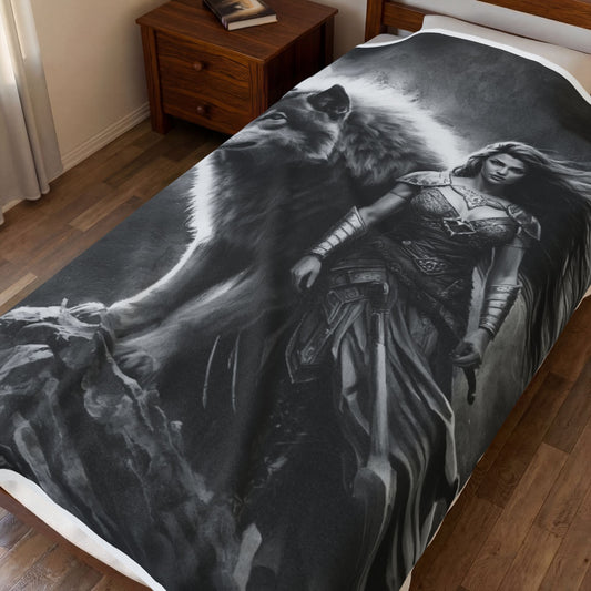 Valkyrie & Wolf Velveteen Plush Blanket — Mythic Fantasy Throw for Fans of Norse and Medieval Art