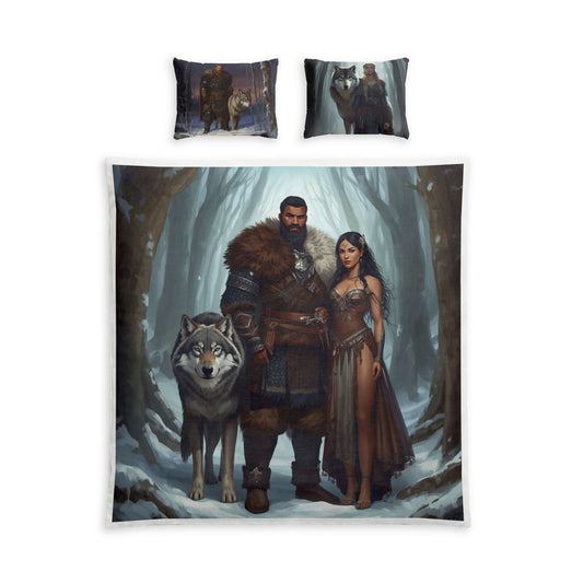 Viking Couple & Wolf Cotton Bed Set — Nordic Fantasy Duvet Cover