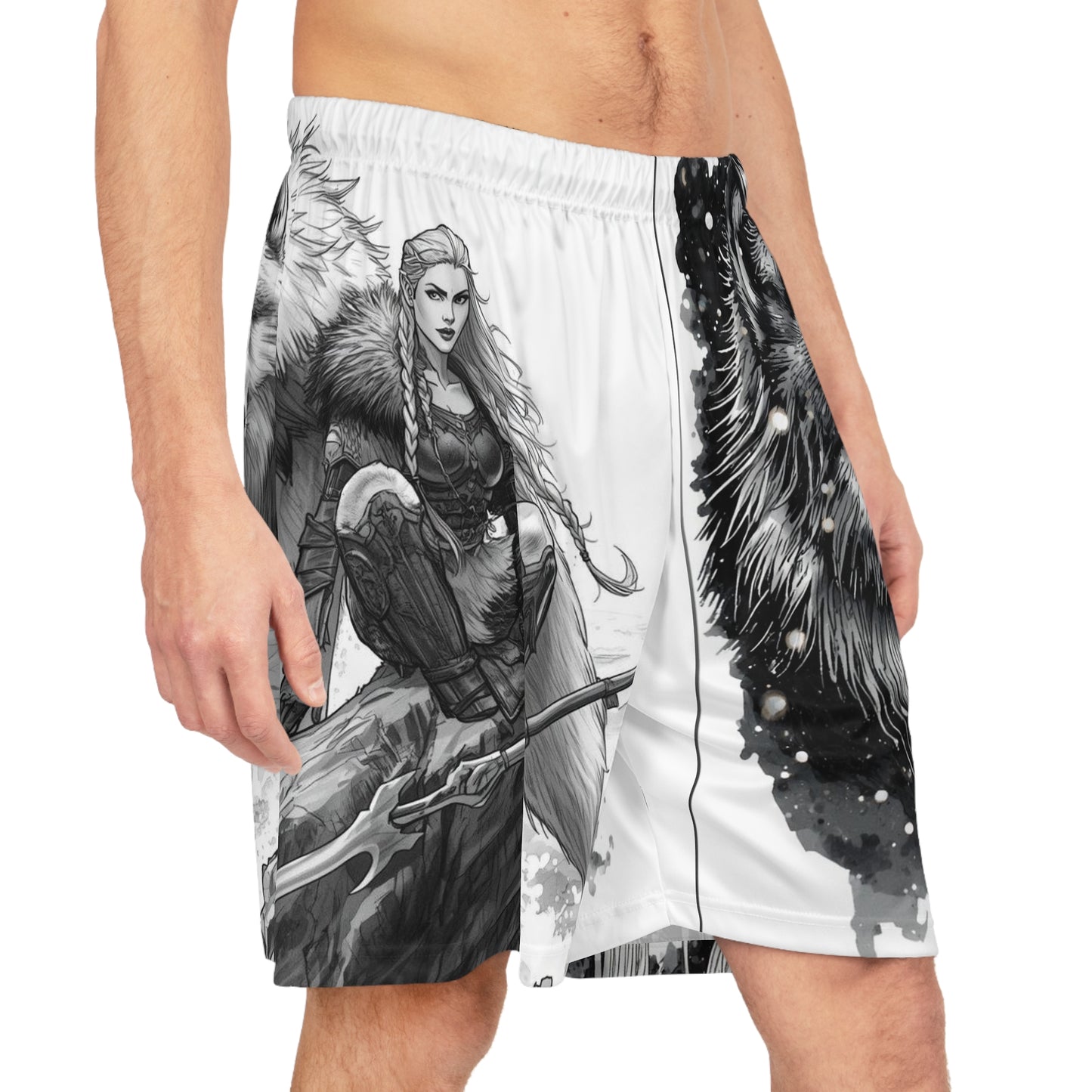 Viking Wolf Basketball Shorts — Monochrome Norse Warrior AOP