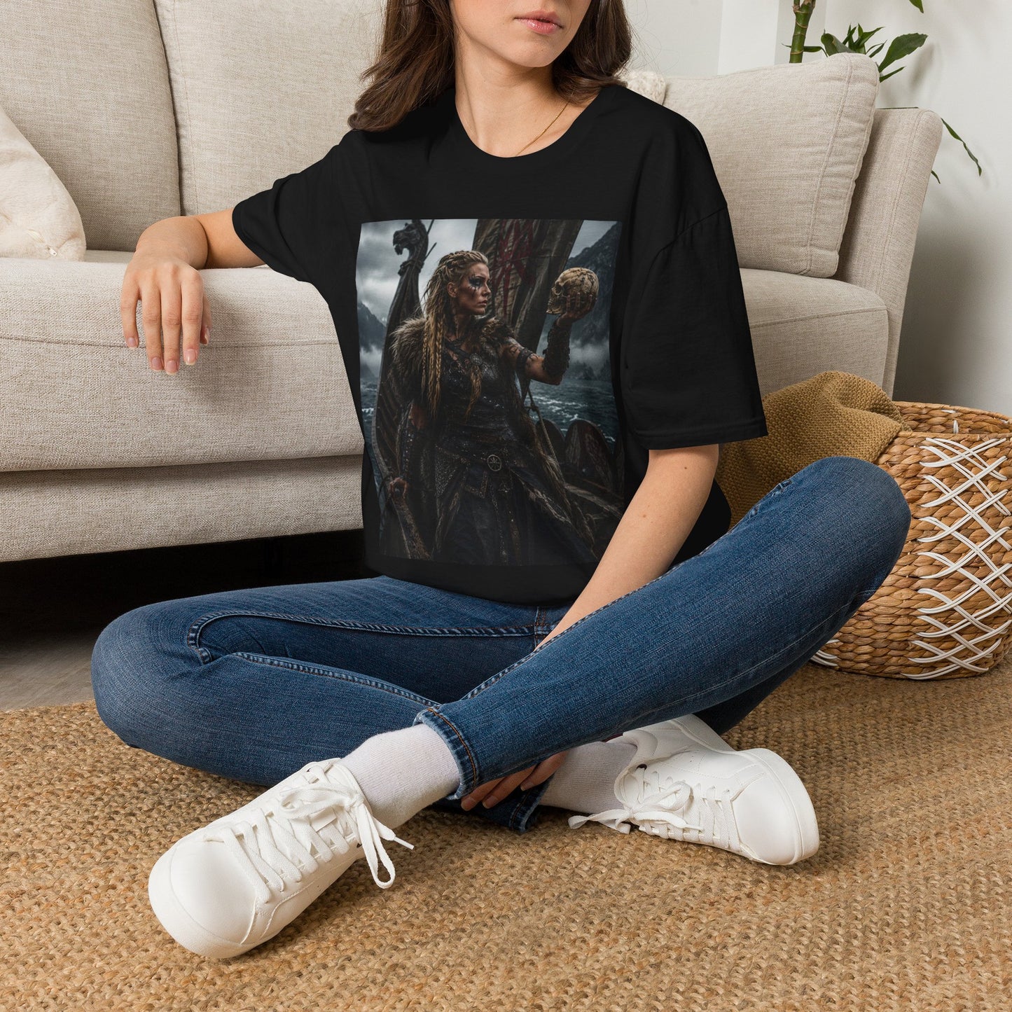 Viking Shieldmaiden Graphic T‑Shirt — Woman Holding Skull Norse Warrior Art