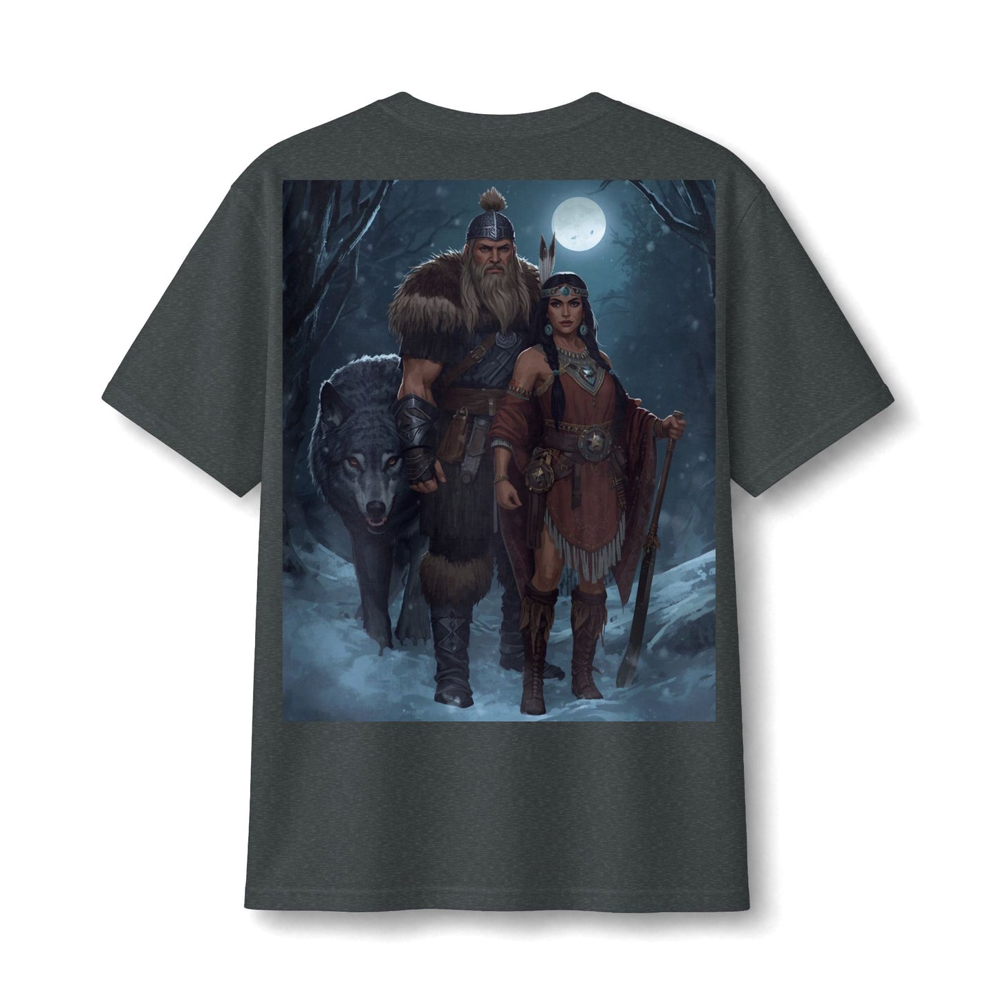 Viking Warrior Couple Tee — Norse Wolf Moon Fantasy T‑Shirt