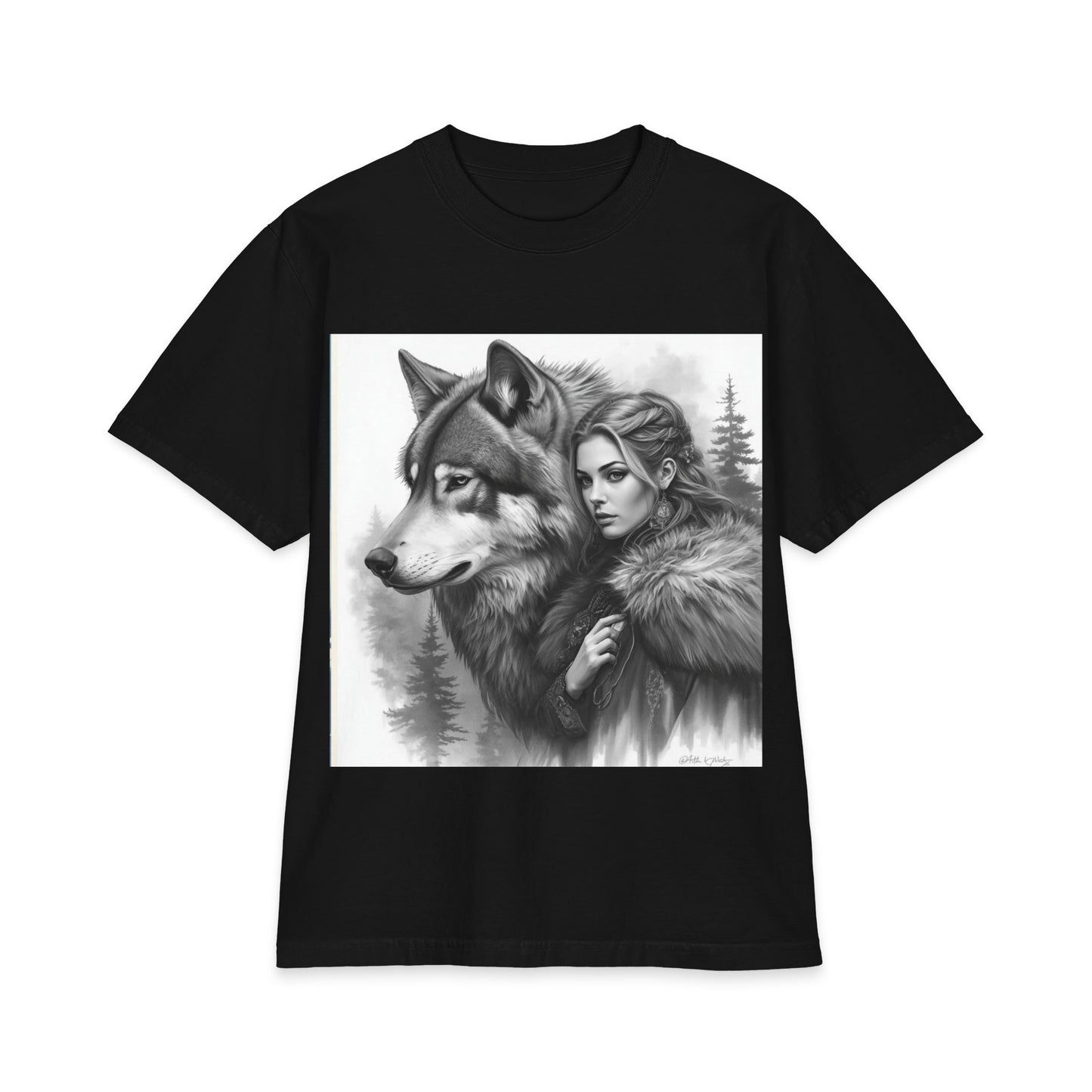 Wolf Guardian T‑Shirt — Woman & Wolf Forest Portrait Graphic Tee