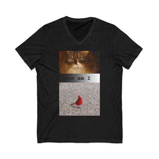 Cat & Cardinal V-Neck Tee — "Who Am I" Graphic T-Shirt