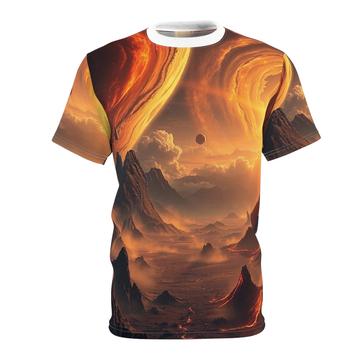 Solar Horizon All-Over Print Tee — Fiery Alien Landscape Graphic Shirt