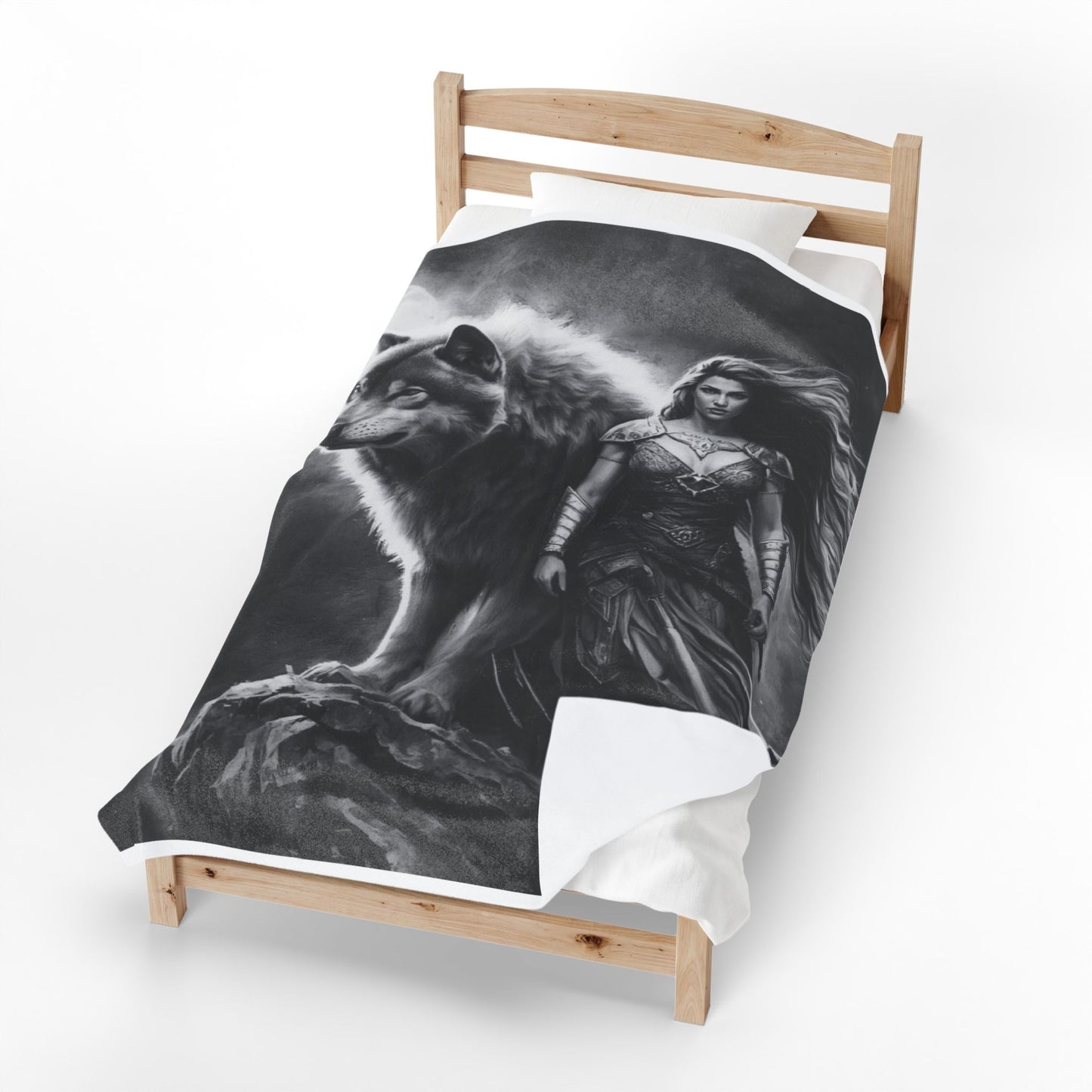 Valkyrie & Wolf Velveteen Plush Blanket — Mythic Fantasy Throw for Fans of Norse and Medieval Art