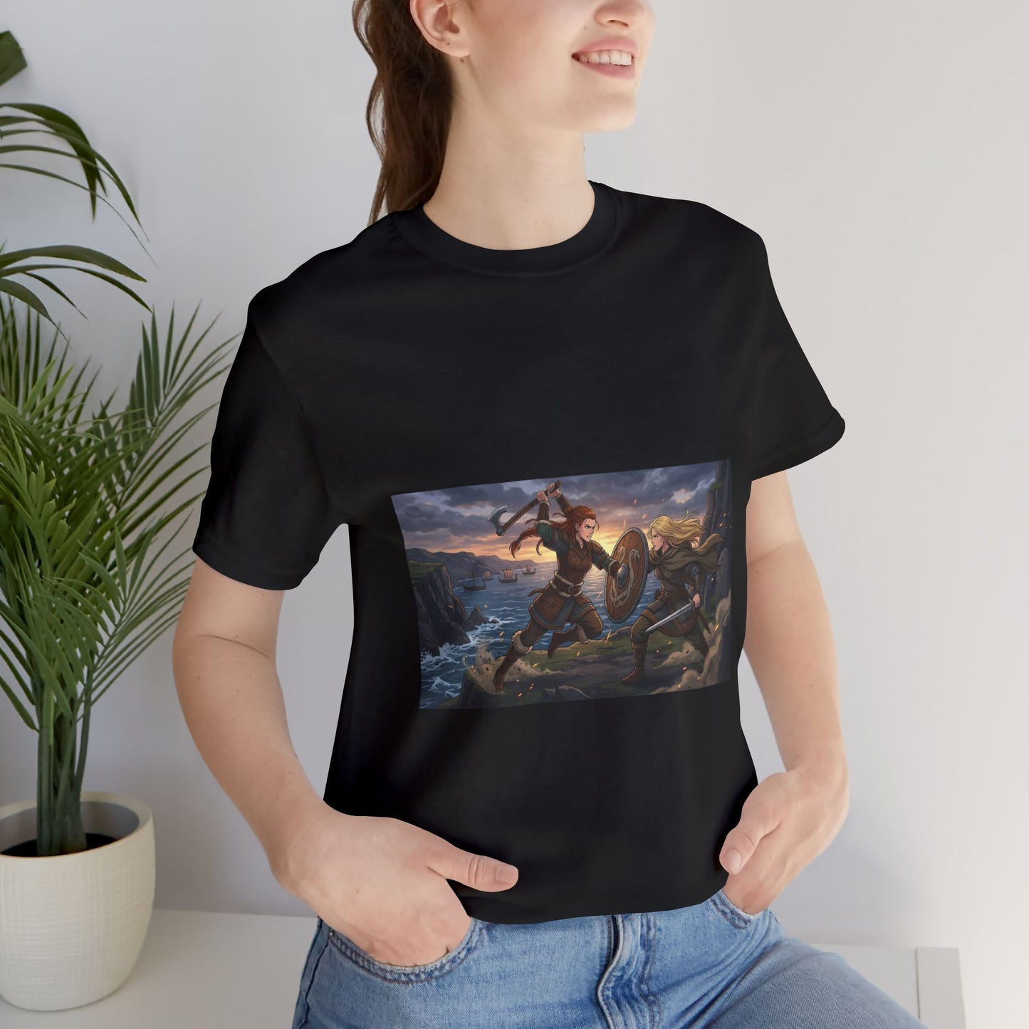 Viking Warrior Battle Scene T-Shirt — Norse Myth Shield & Axe Graphic Tee