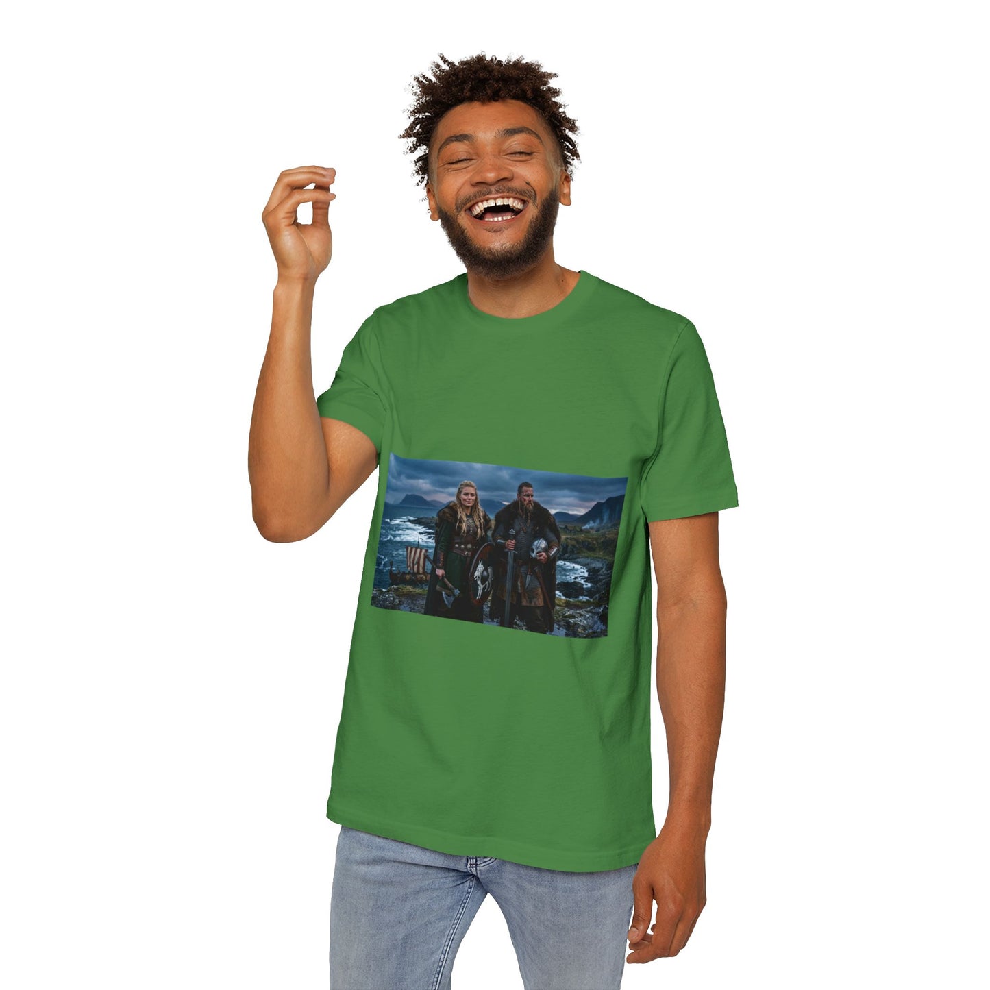 Viking Couple Scenic T-Shirt — Norse Shield & Axe Print