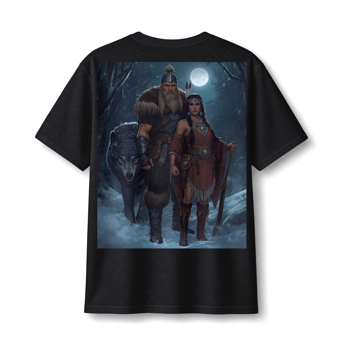 Viking Warrior Couple Tee — Norse Wolf Moon Fantasy T‑Shirt