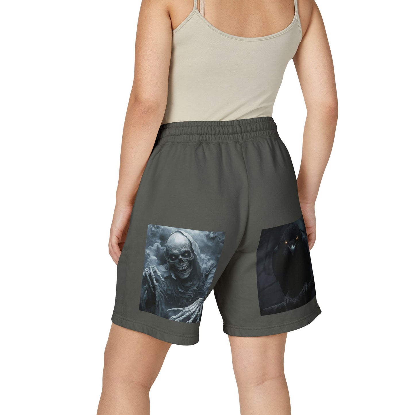 Skull & Raven Fleece Sweat Shorts — Gothic Horror Graphic Lounge Shorts