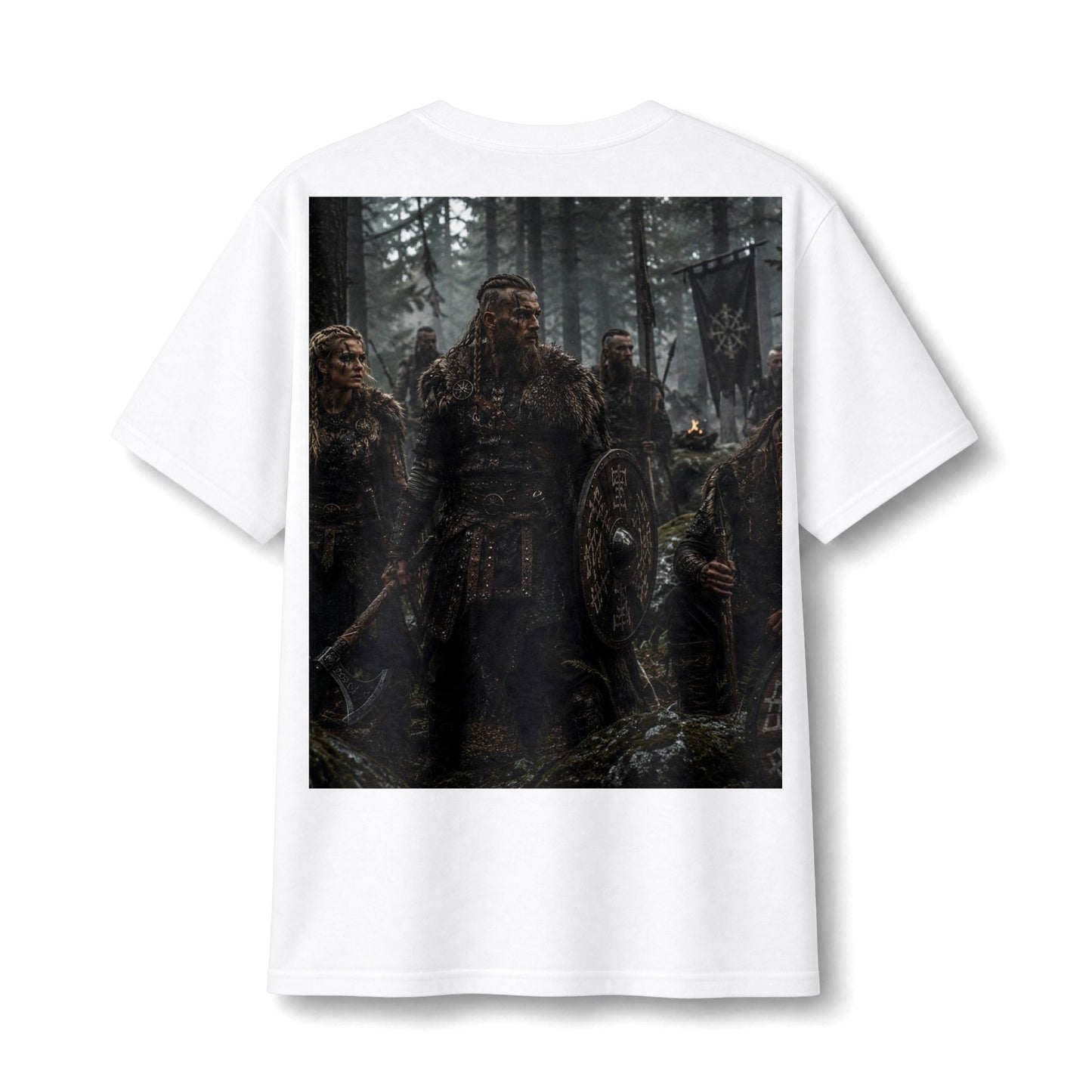 Viking Warriors Forest Print T-Shirt — Nordic Battle Scene Tee