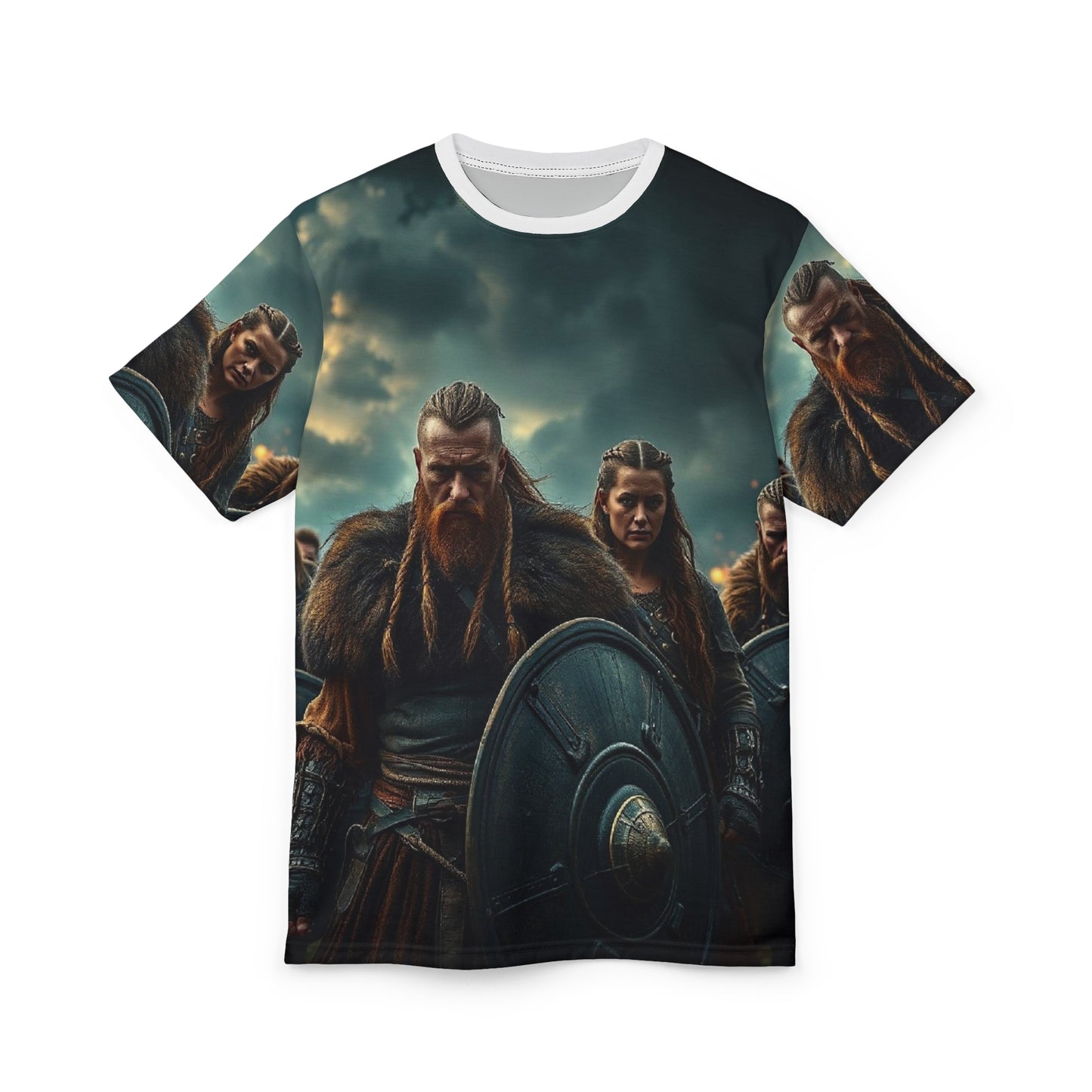 Viking Warriors All-Over Print Tee — Norse Shield & Storm Scene