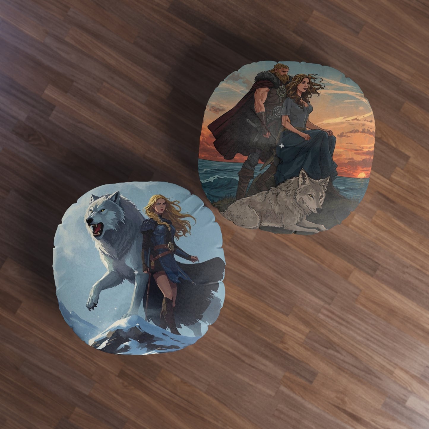 Viking Wolf Guardian Round Floor Pillow — Fantasy Norse Heroine & Wolf Artwork