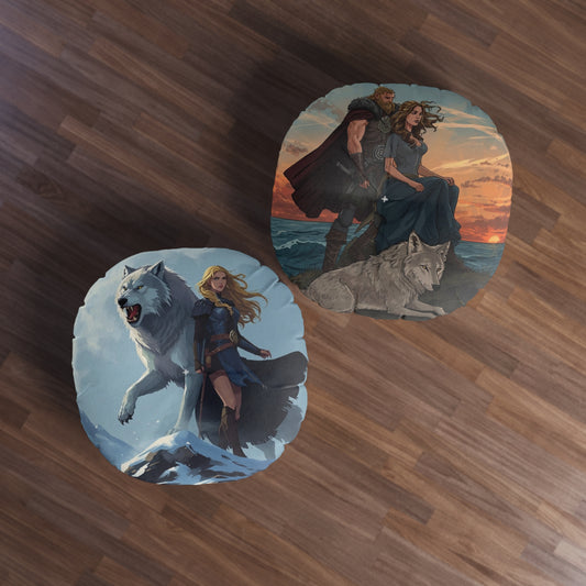 Viking Wolf Guardian Round Floor Pillow — Fantasy Norse Heroine & Wolf Artwork