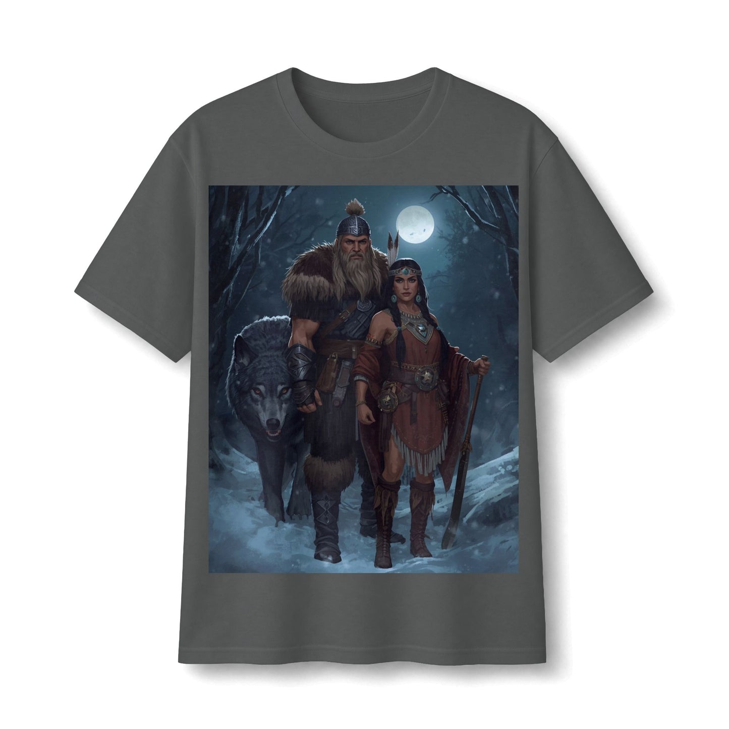 Viking Warrior Couple Tee — Norse Wolf Moon Fantasy T‑Shirt