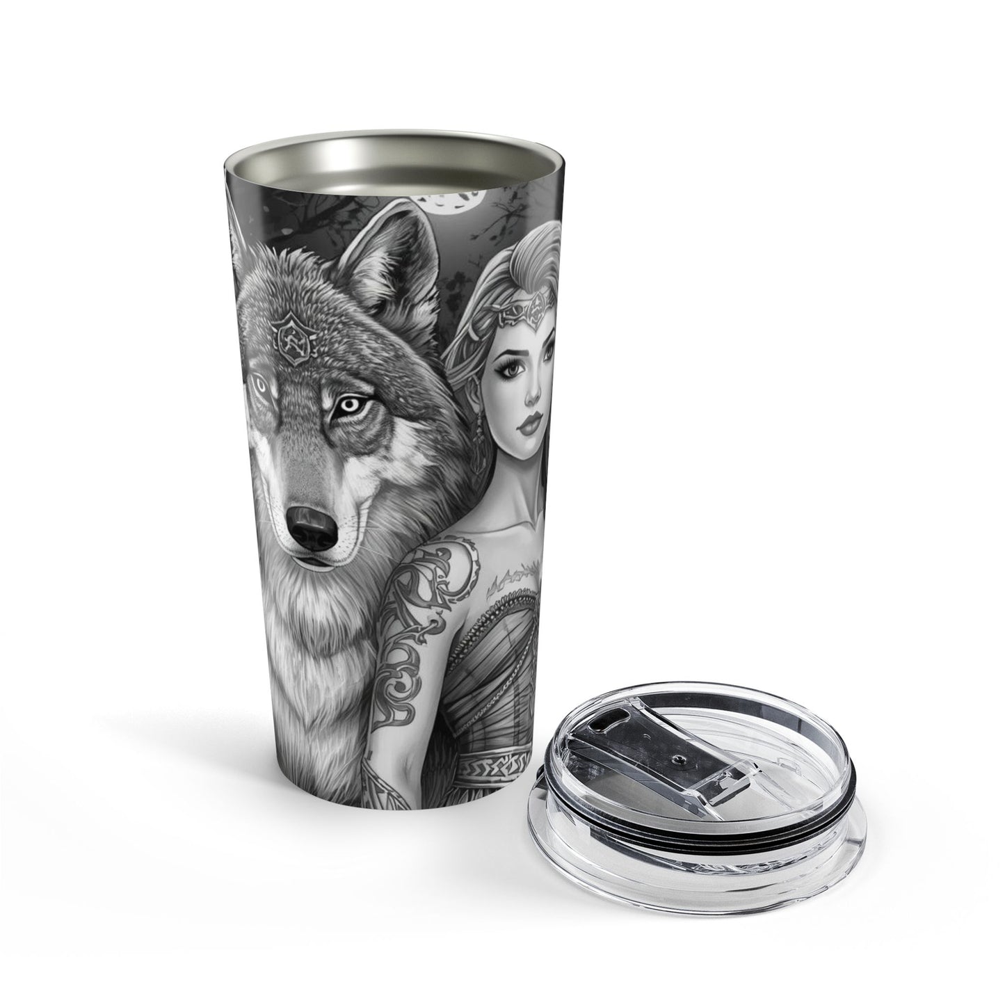 20oz Wolf & Woman Tumbler — Gothic Forest Travel Mug with Tattooed Warrior Design