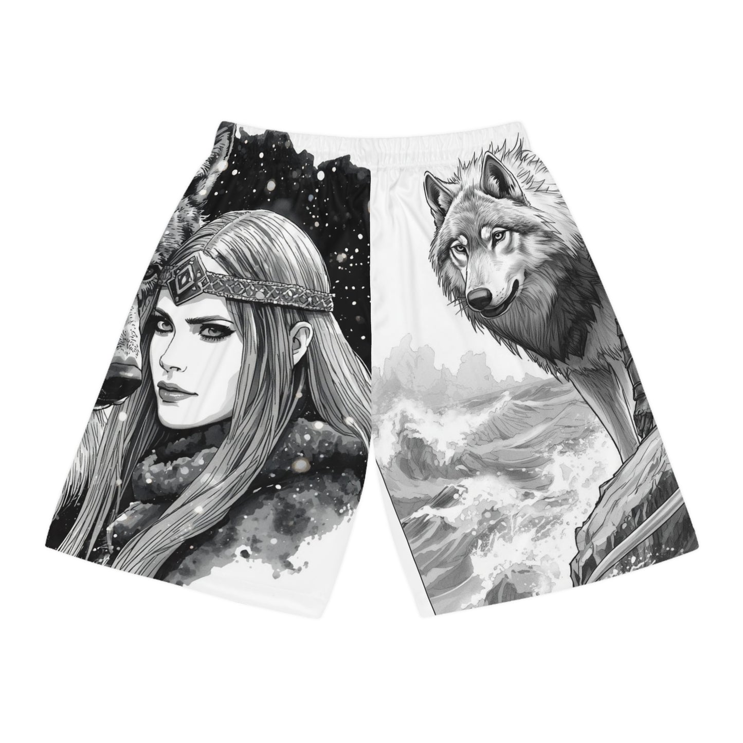Viking Wolf Basketball Shorts — Monochrome Norse Warrior AOP