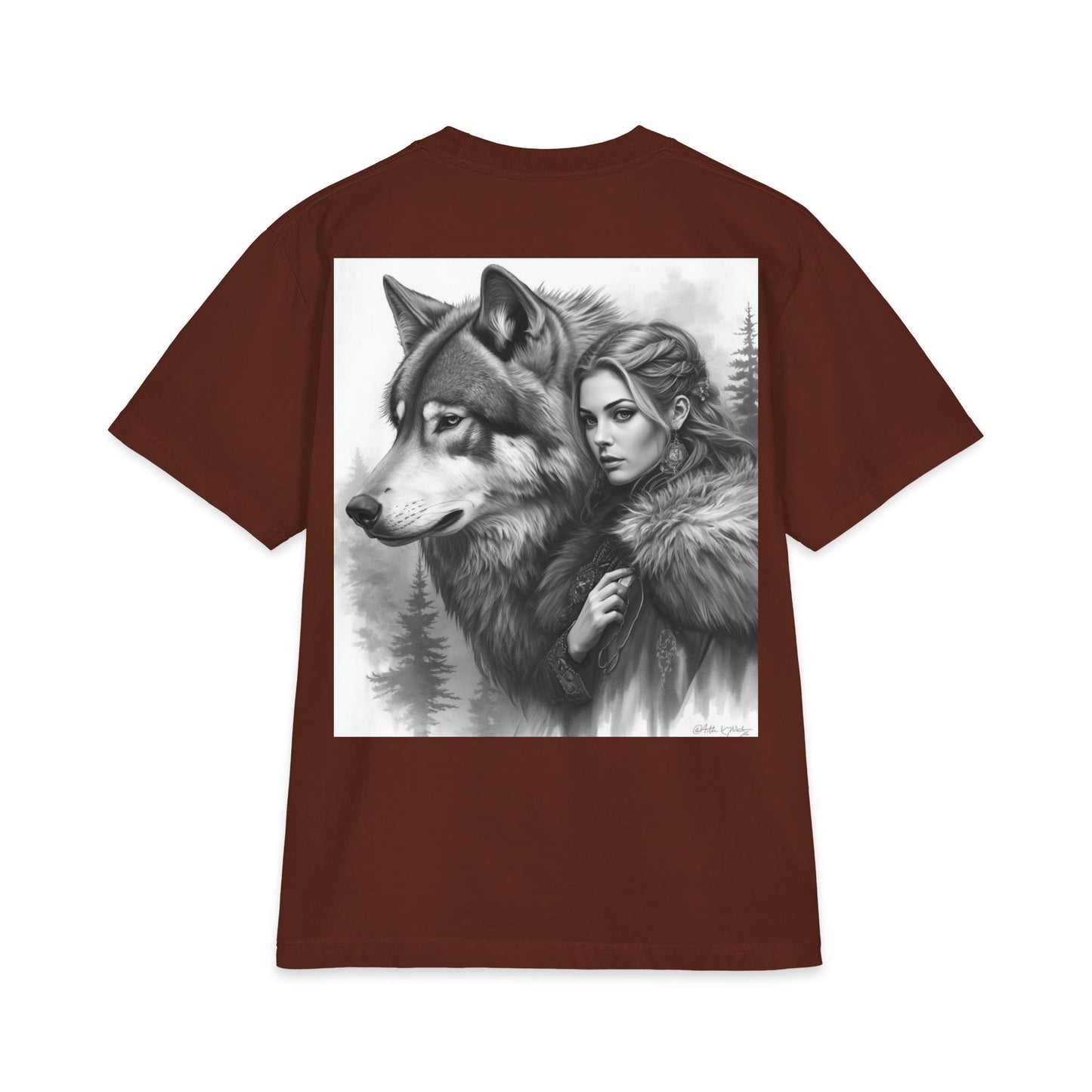Wolf Guardian T‑Shirt — Woman & Wolf Forest Portrait Graphic Tee