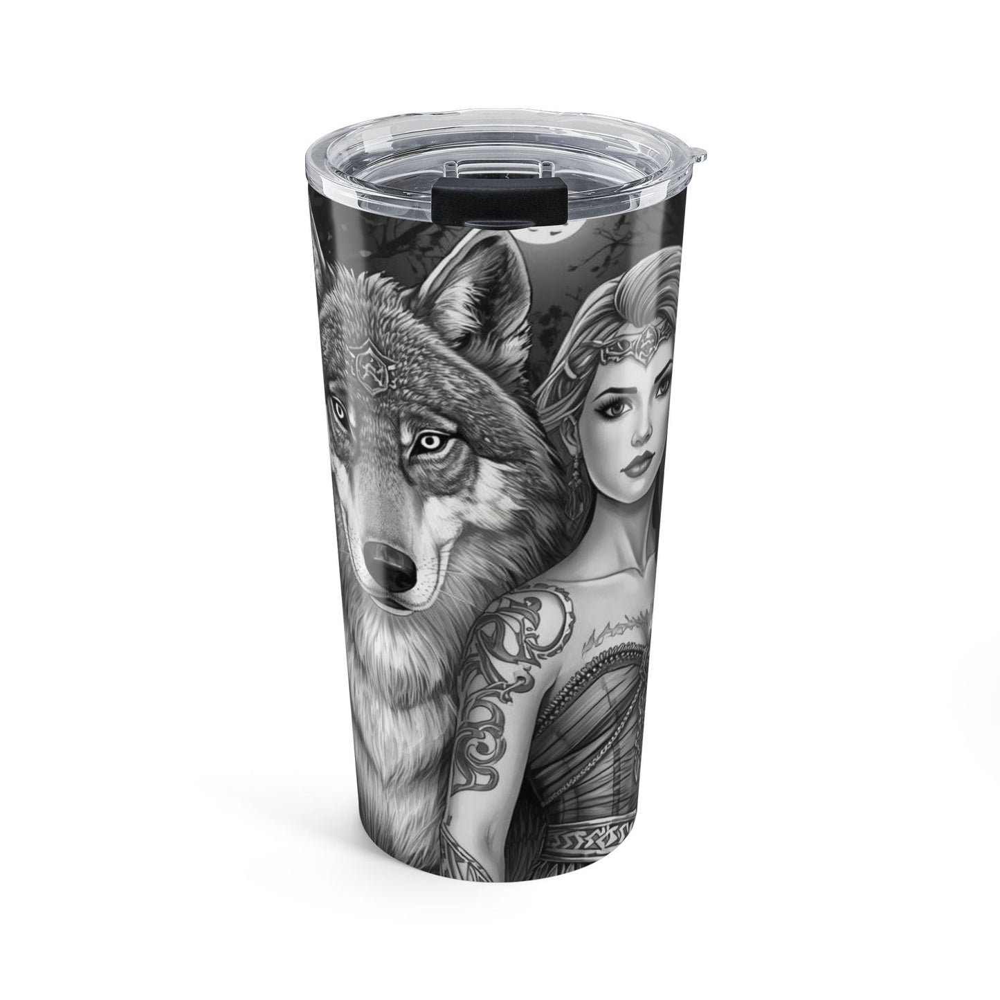 20oz Wolf & Woman Tumbler — Gothic Forest Travel Mug with Tattooed Warrior Design
