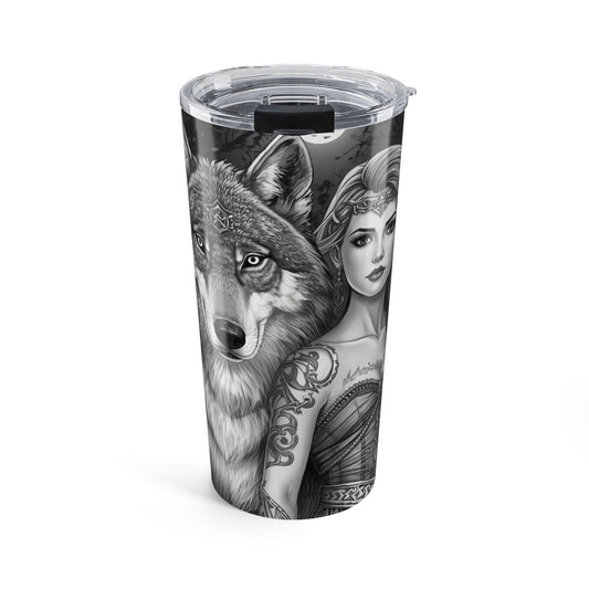 20oz Wolf & Woman Tumbler — Gothic Forest Travel Mug with Tattooed Warrior Design