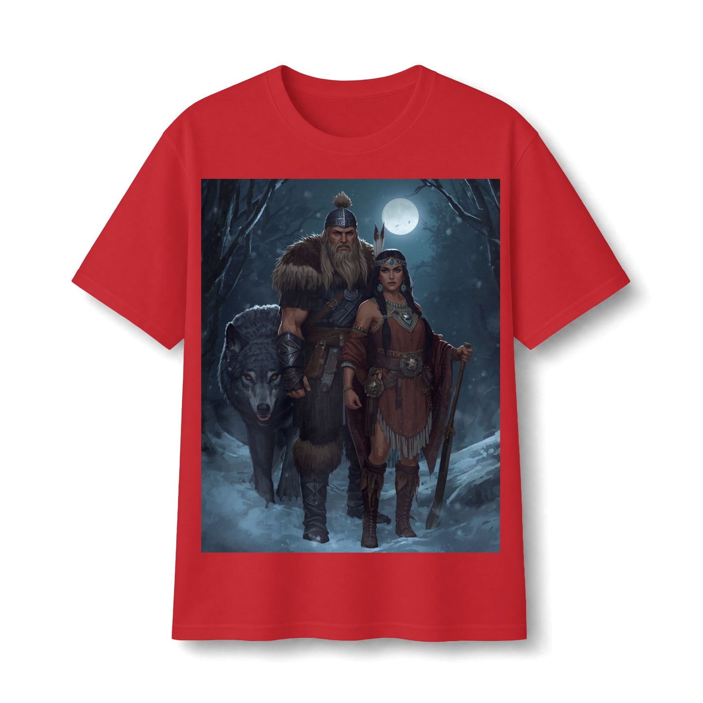 Viking Warrior Couple Tee — Norse Wolf Moon Fantasy T‑Shirt