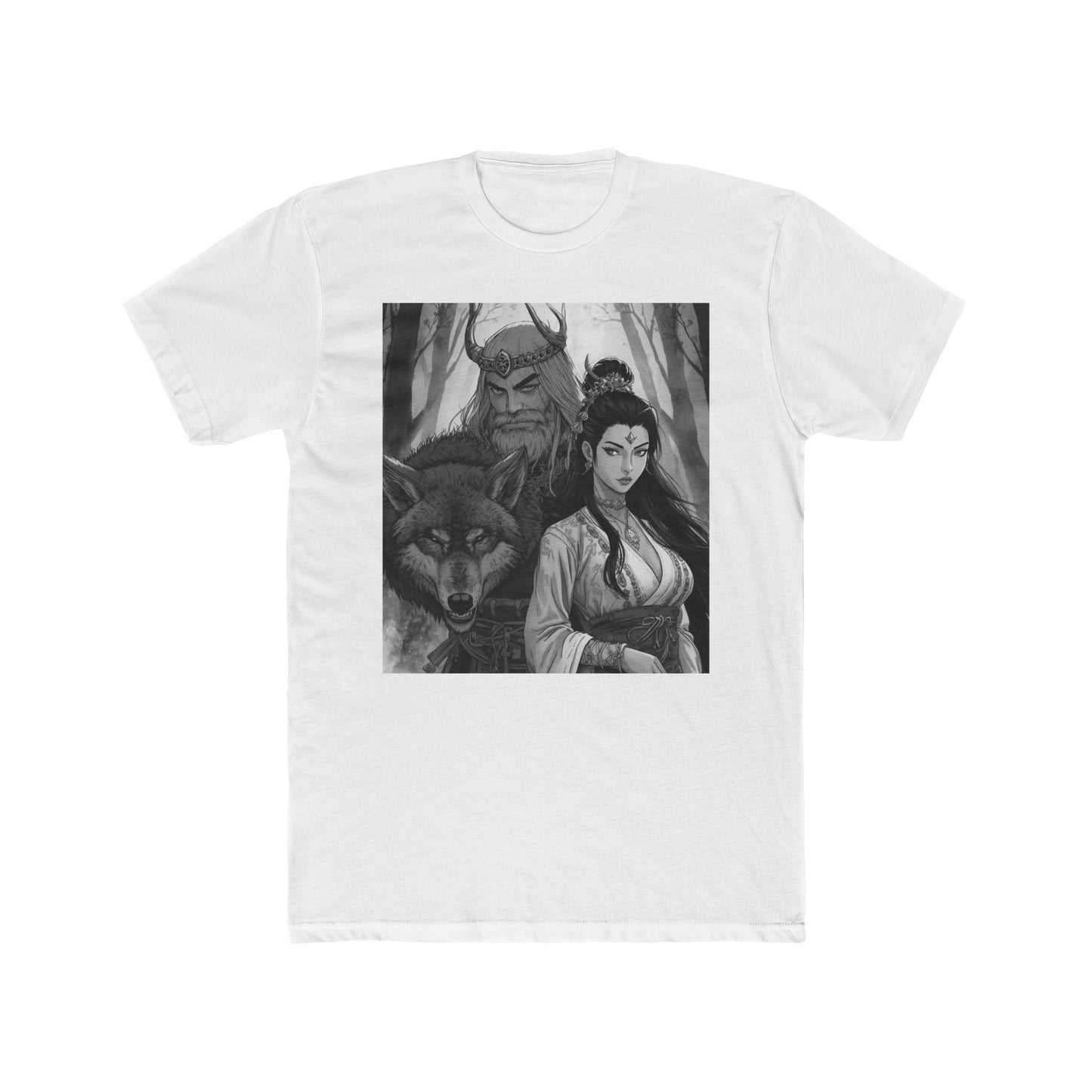 Mythic Forest Tee — Valkyrie, Wolf & Horned Guardian Graphic T-Shirt