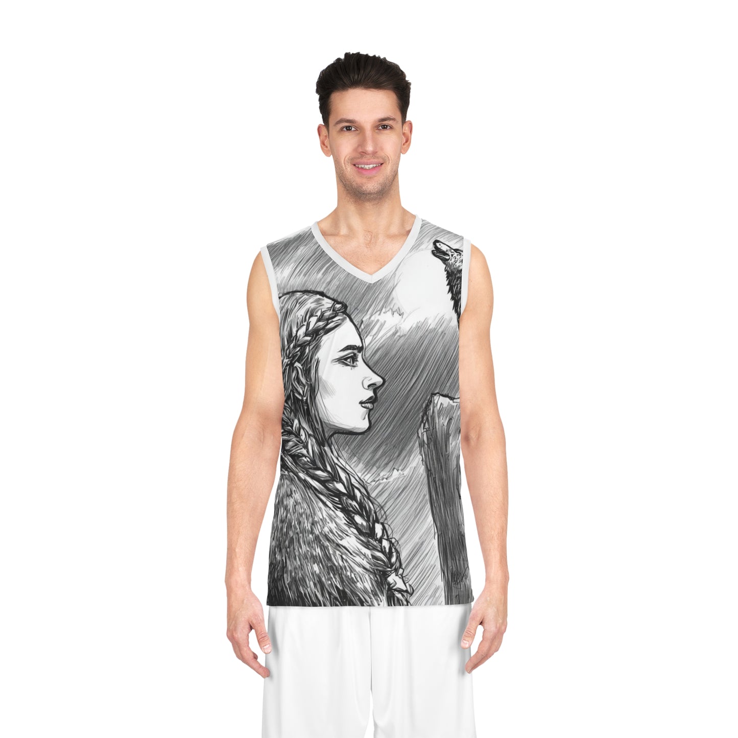 Viking Wolf Sketch Basketball Jersey — All-Over-Print Athletic Tank