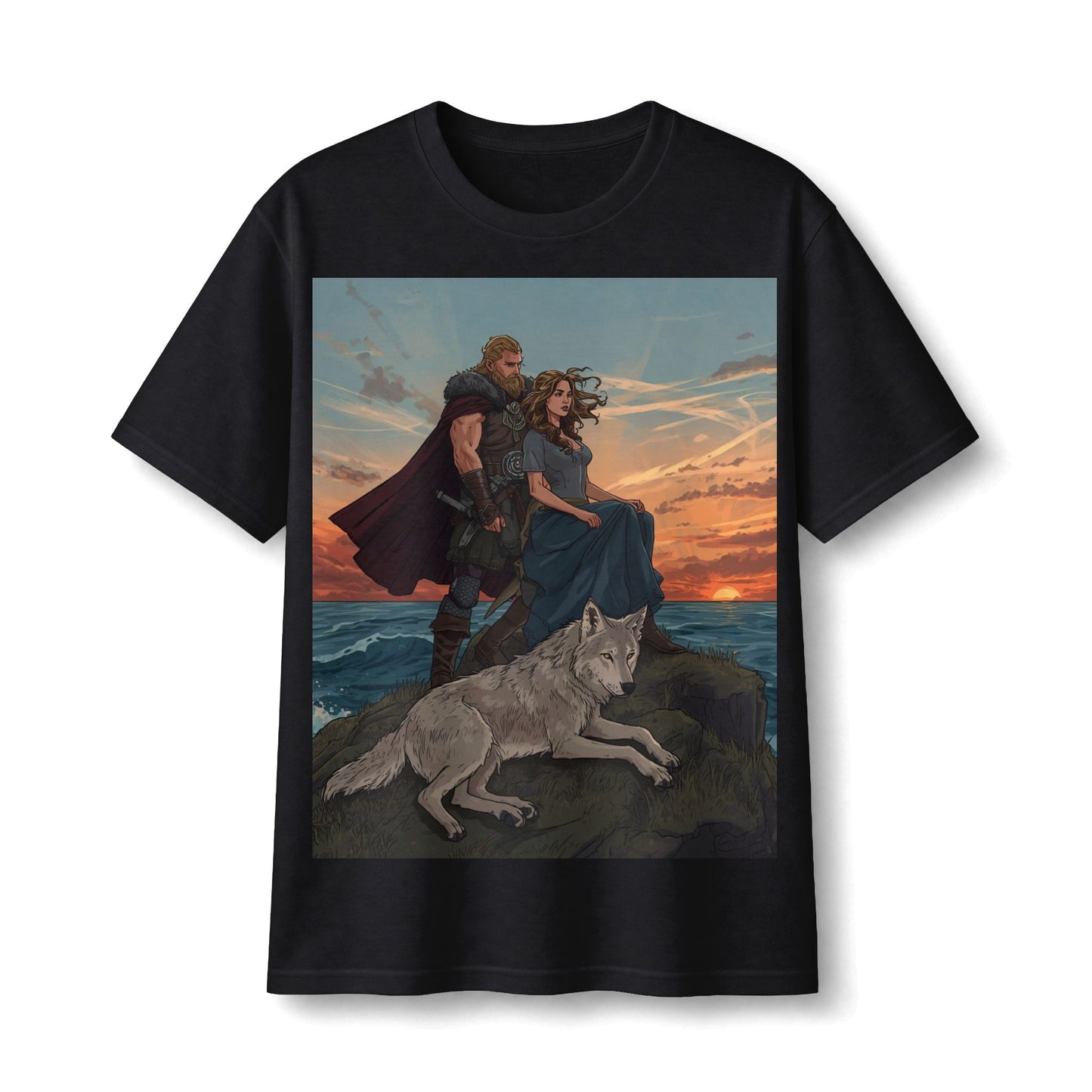 Viking Couple & Wolf Sunset T-Shirt