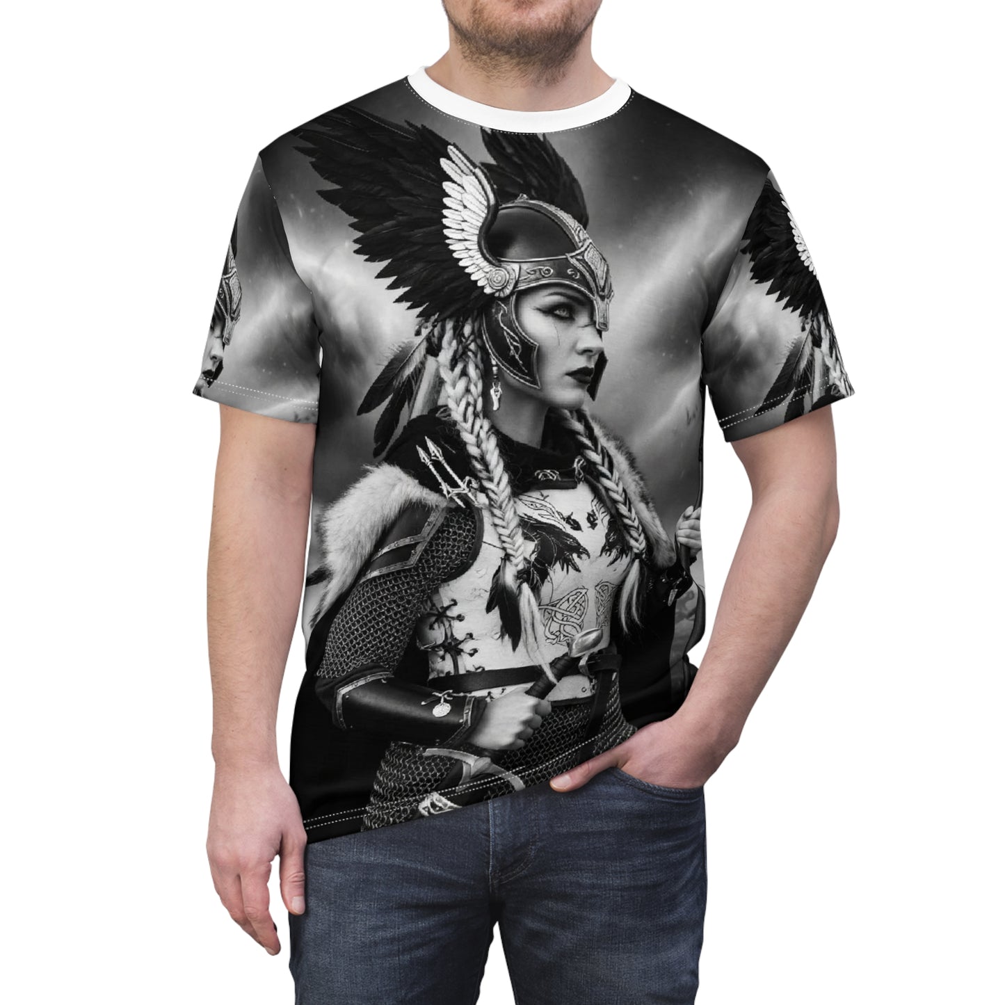 Valkyrie Warrior Graphic Tee — All-Over Print Norse Mythology T-Shirt