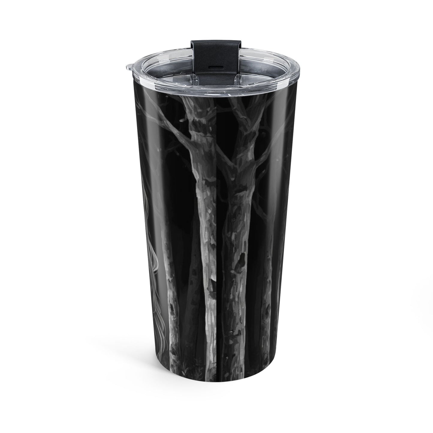 20oz Wolf & Woman Tumbler — Gothic Forest Travel Mug with Tattooed Warrior Design