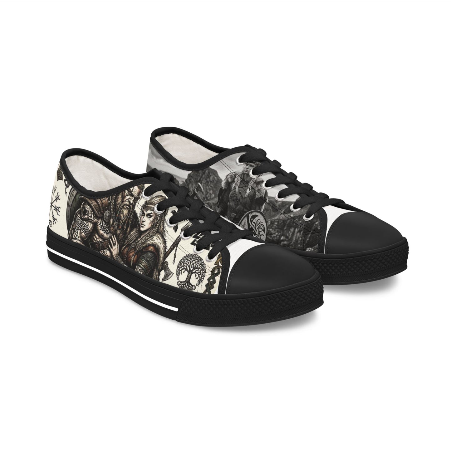 Viking Warrior Pattern Low Top Sneakers — Norse Rune & Tree of Life Design