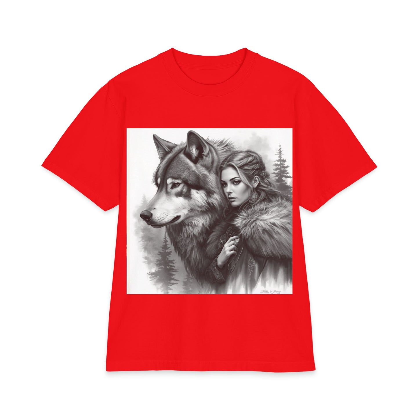 Wolf Guardian T‑Shirt — Woman & Wolf Forest Portrait Graphic Tee