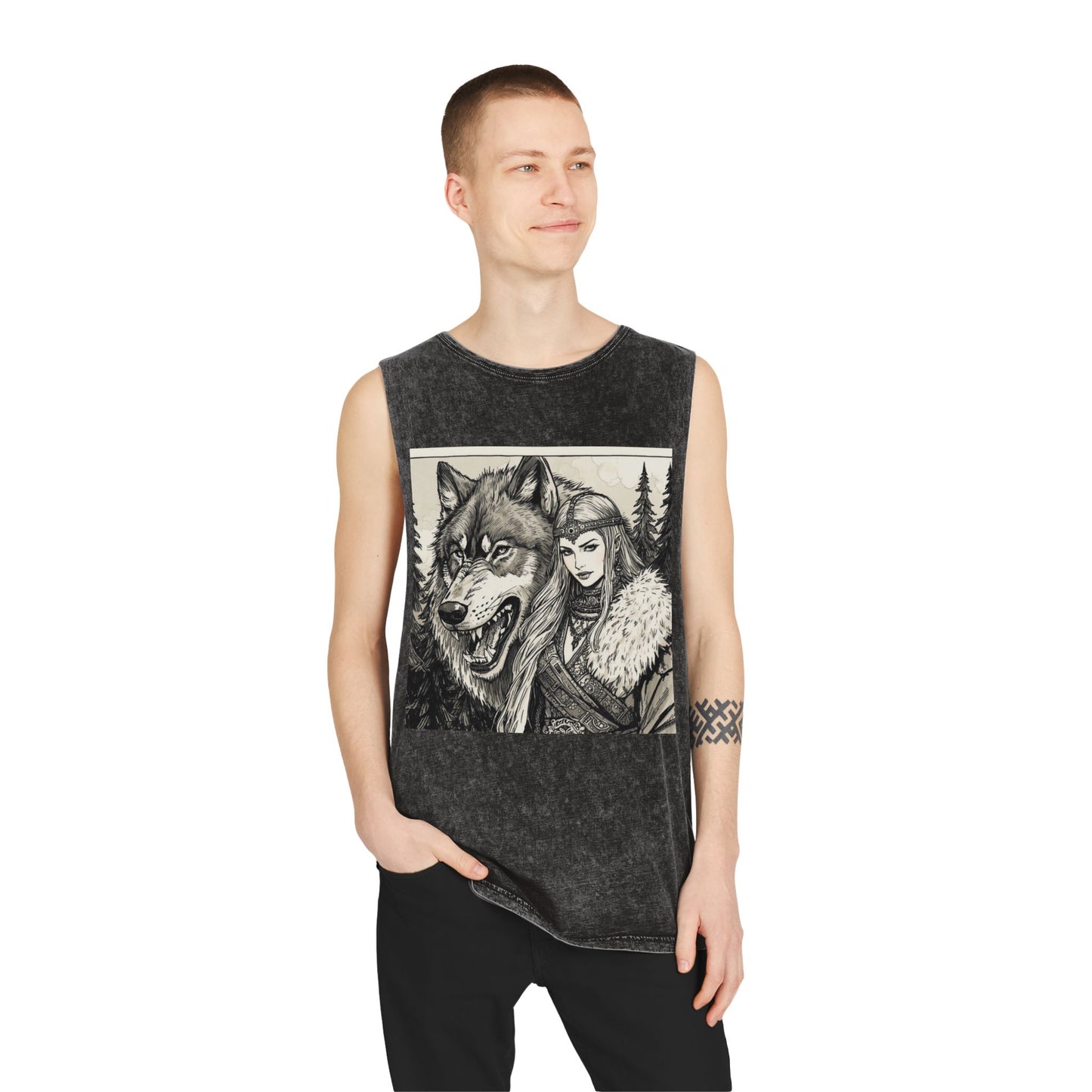 Viking Wolf Warrior Tank Top — Norse Female Viking & Wolf Graphic Stonewash Tank