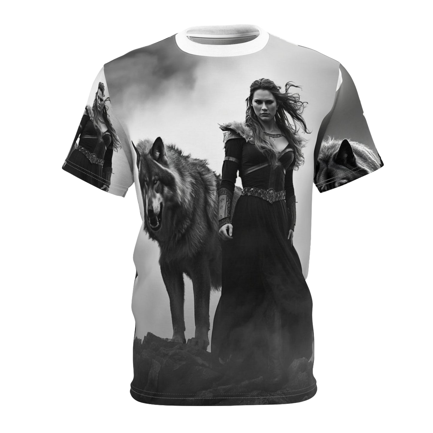 Viking Wolf Guardian Tee — Black & White Norse Warrior All-Over Print