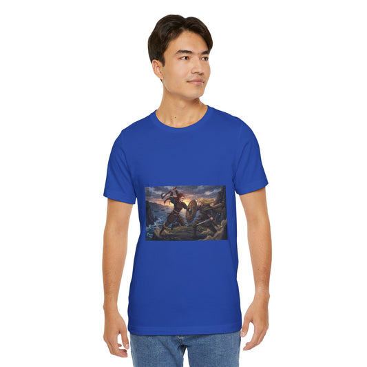 Viking Warrior Battle Scene T-Shirt — Norse Myth Shield & Axe Graphic Tee