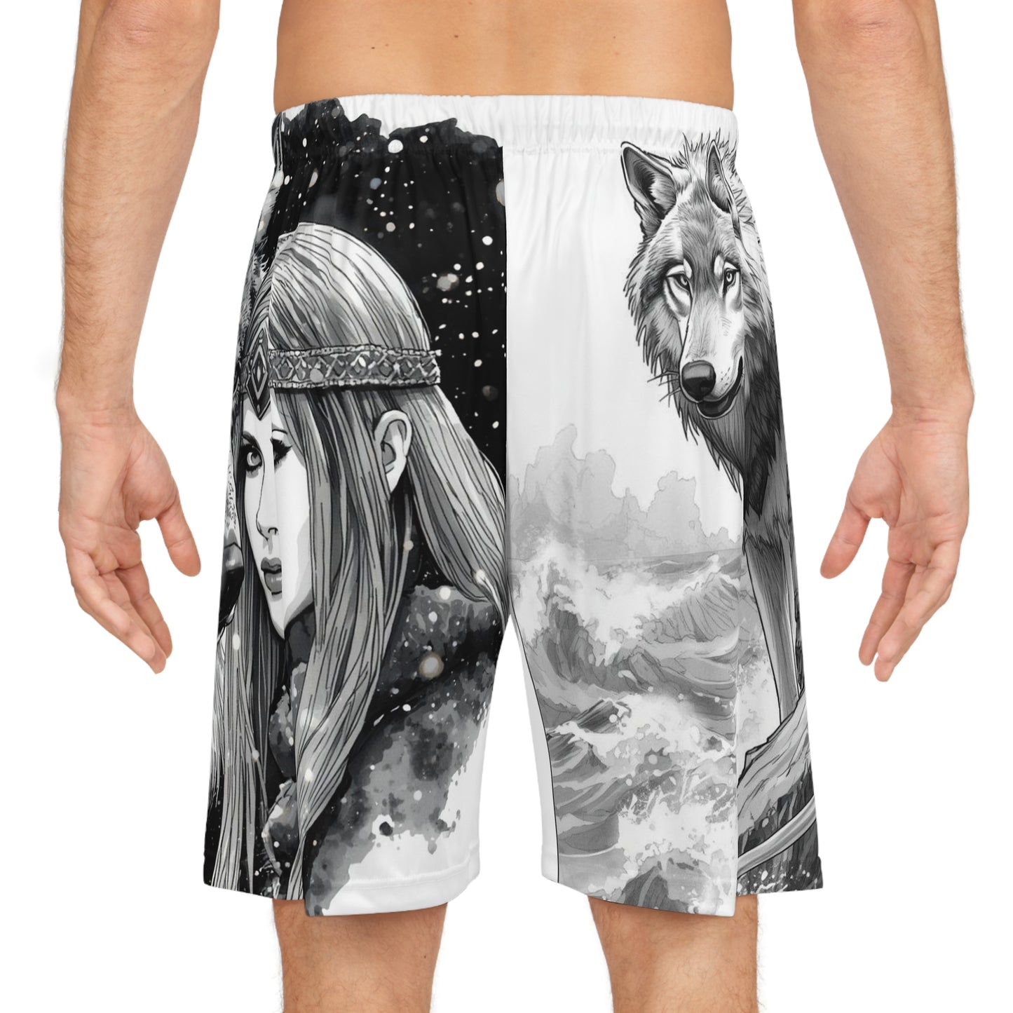 Viking Wolf Basketball Shorts — Monochrome Norse Warrior AOP