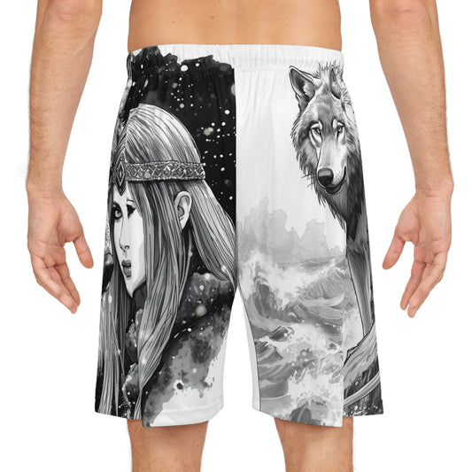 Viking Wolf Basketball Shorts — Monochrome Norse Warrior AOP