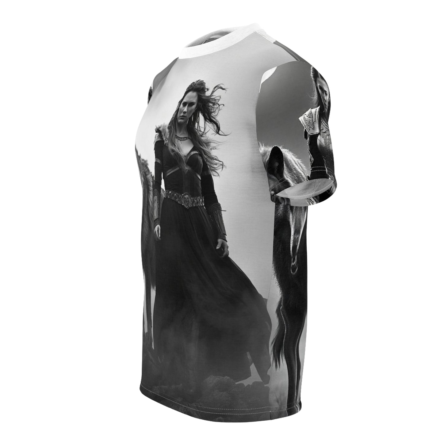 Viking Wolf Guardian Tee — Black & White Norse Warrior All-Over Print