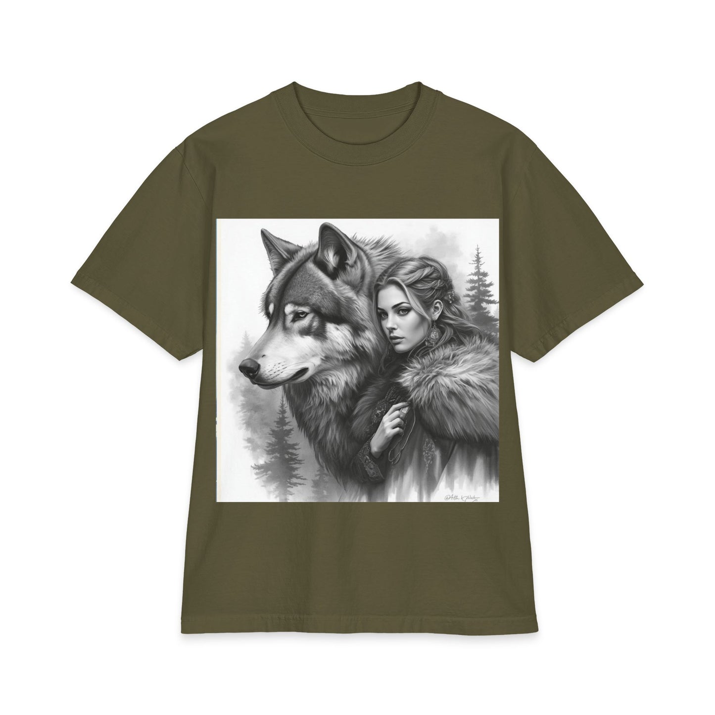 Wolf Guardian T‑Shirt — Woman & Wolf Forest Portrait Graphic Tee
