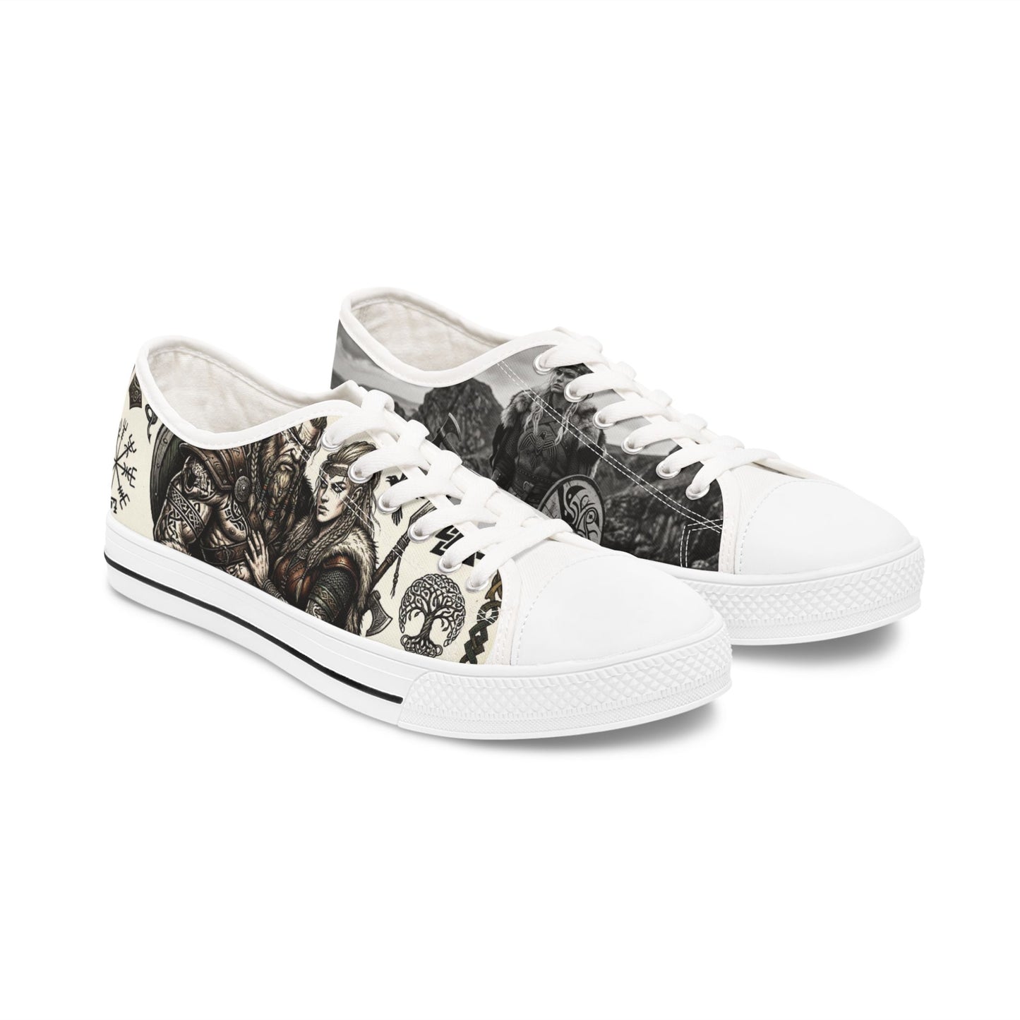 Viking Warrior Pattern Low Top Sneakers — Norse Rune & Tree of Life Design