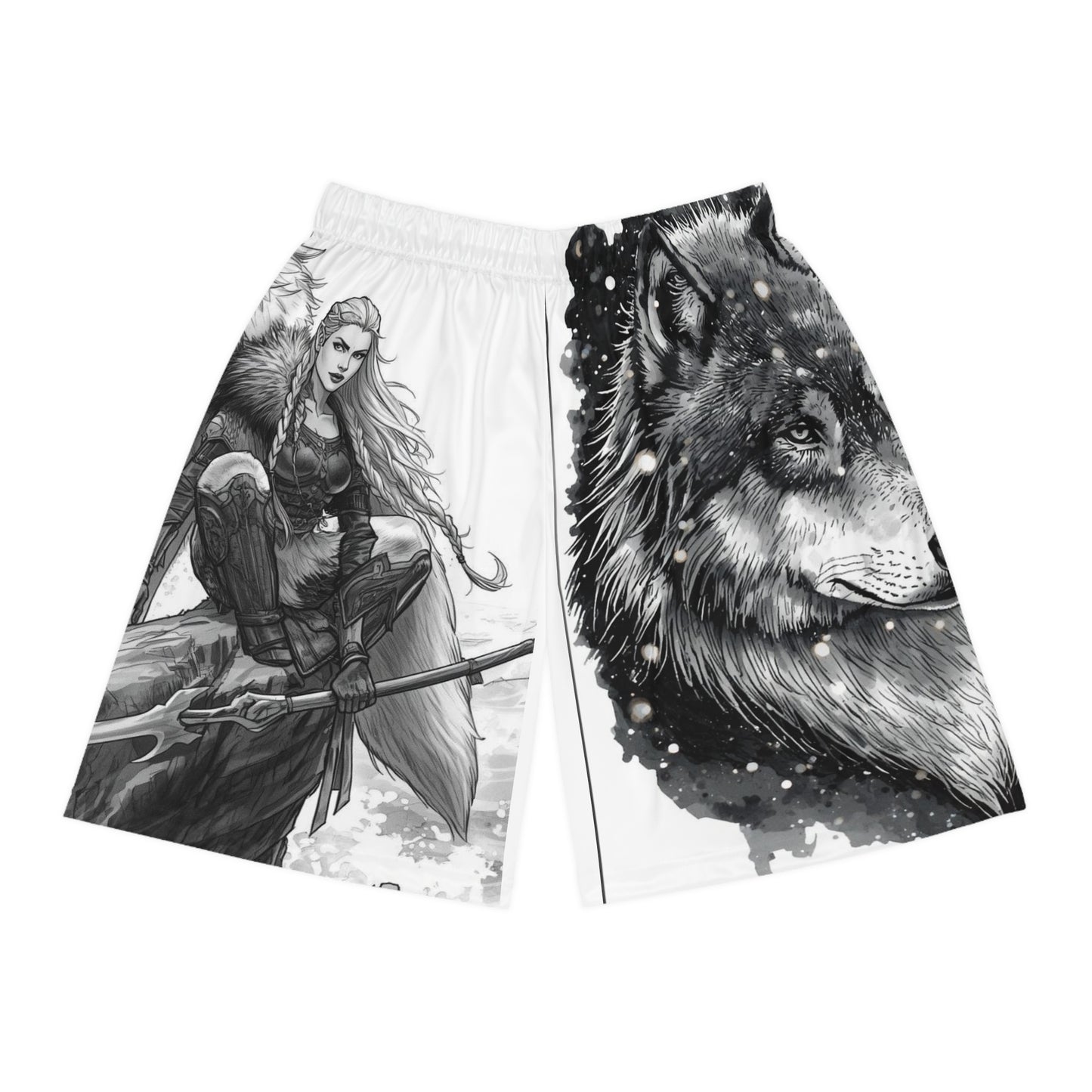 Viking Wolf Basketball Shorts — Monochrome Norse Warrior AOP