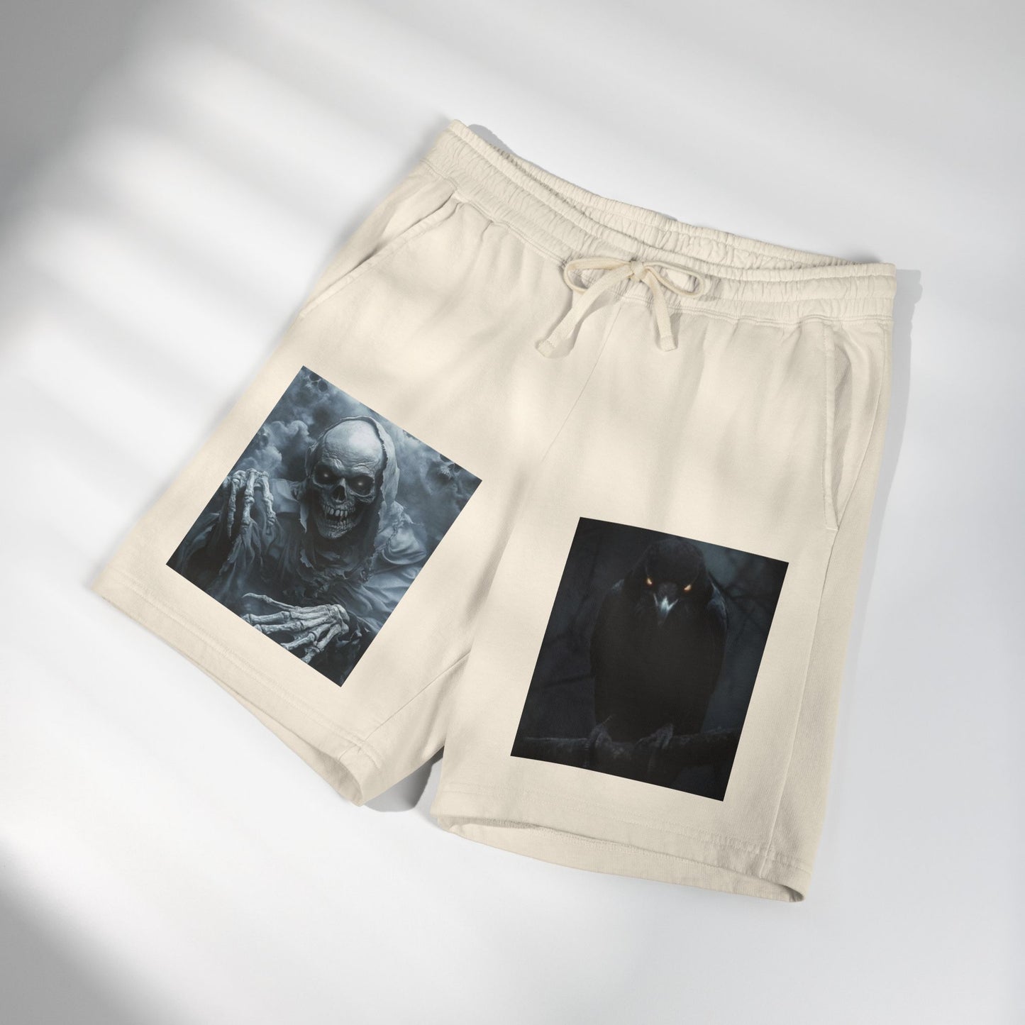 Skull & Raven Fleece Sweat Shorts — Gothic Horror Graphic Lounge Shorts