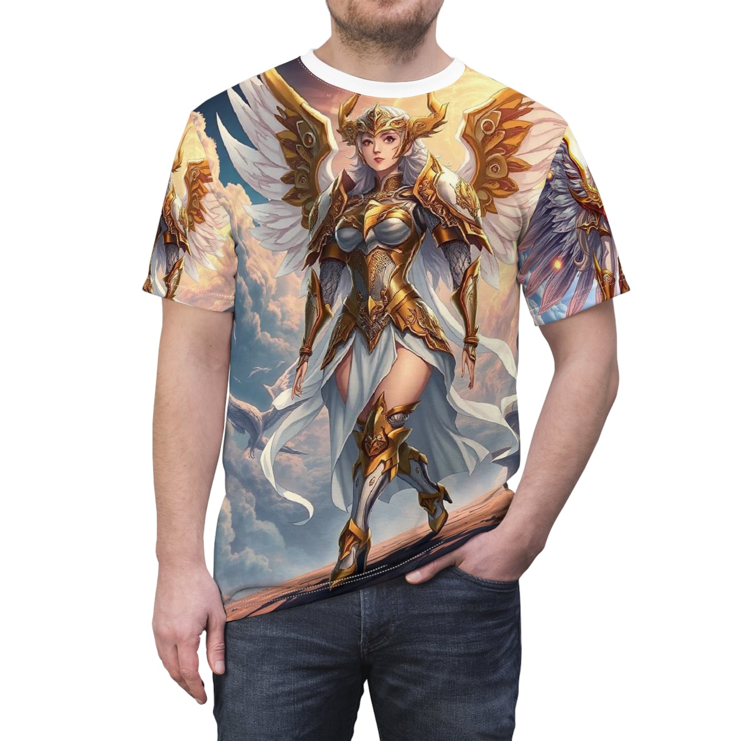 Angel Warrior All-Over Print Tee — Golden Valkyrie Fantasy Design