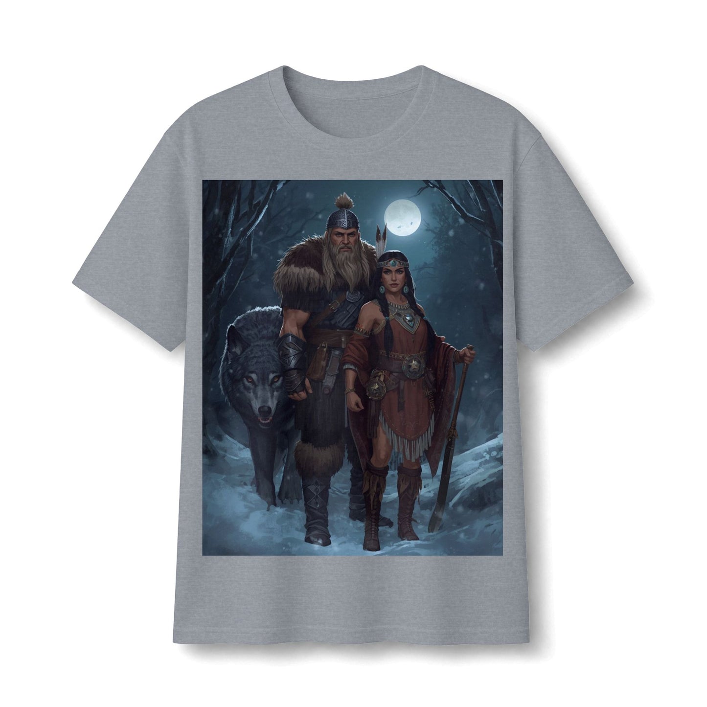 Viking Warrior Couple Tee — Norse Wolf Moon Fantasy T‑Shirt