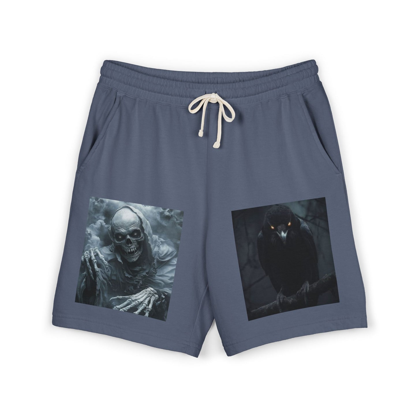 Skull & Raven Fleece Sweat Shorts — Gothic Horror Graphic Lounge Shorts