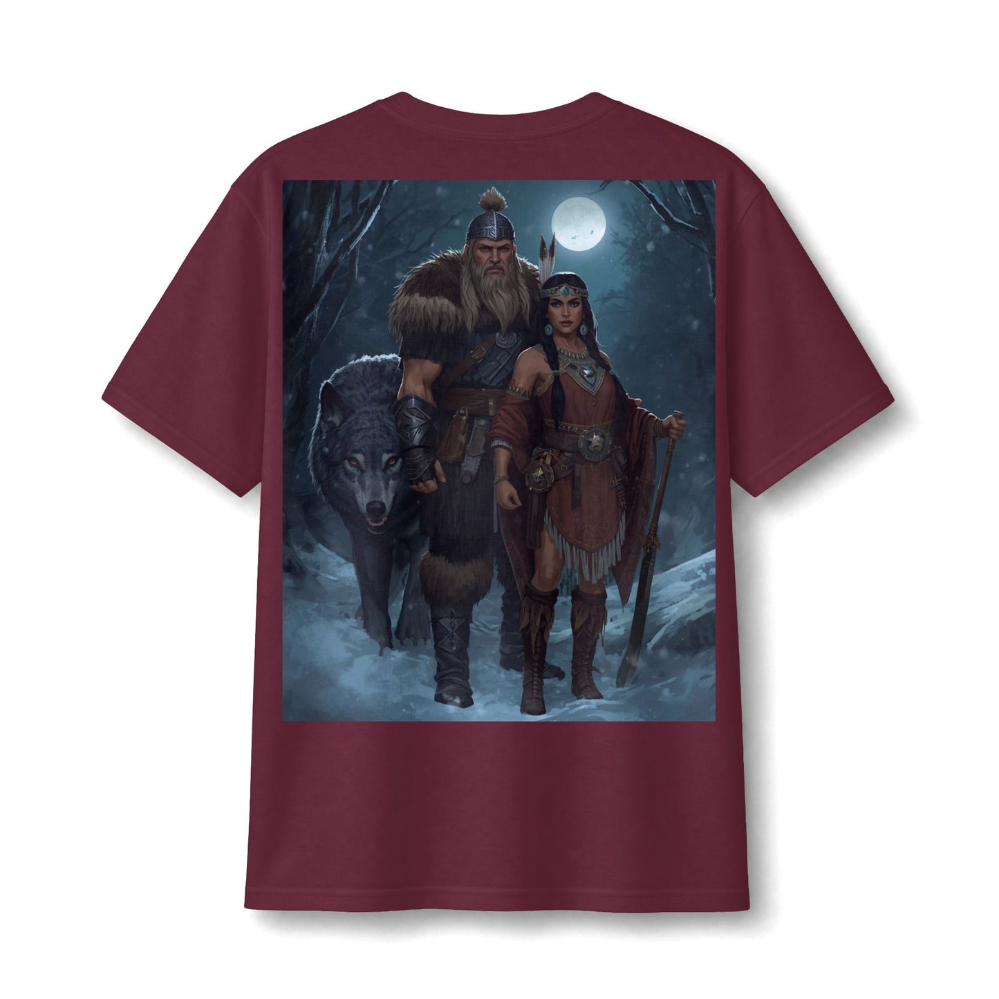 Viking Warrior Couple Tee — Norse Wolf Moon Fantasy T‑Shirt