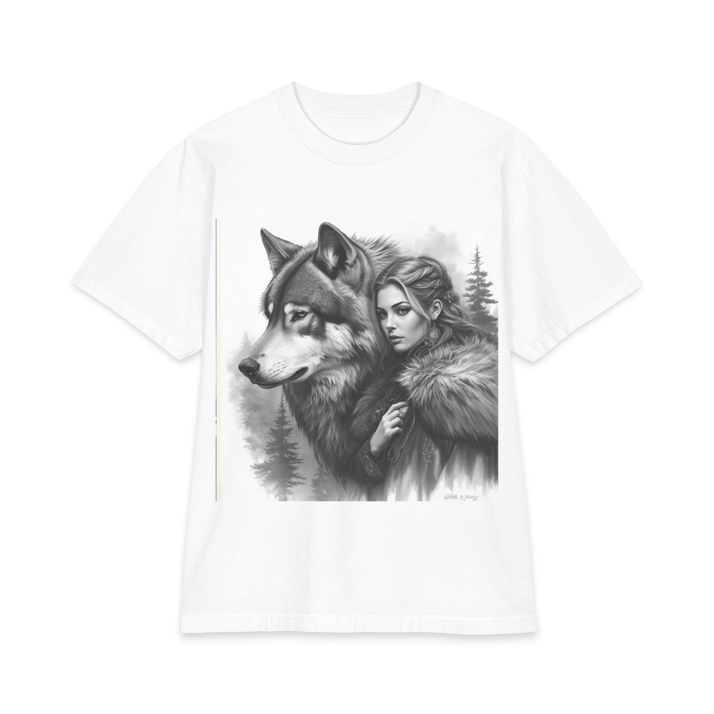 Wolf Guardian T‑Shirt — Woman & Wolf Forest Portrait Graphic Tee
