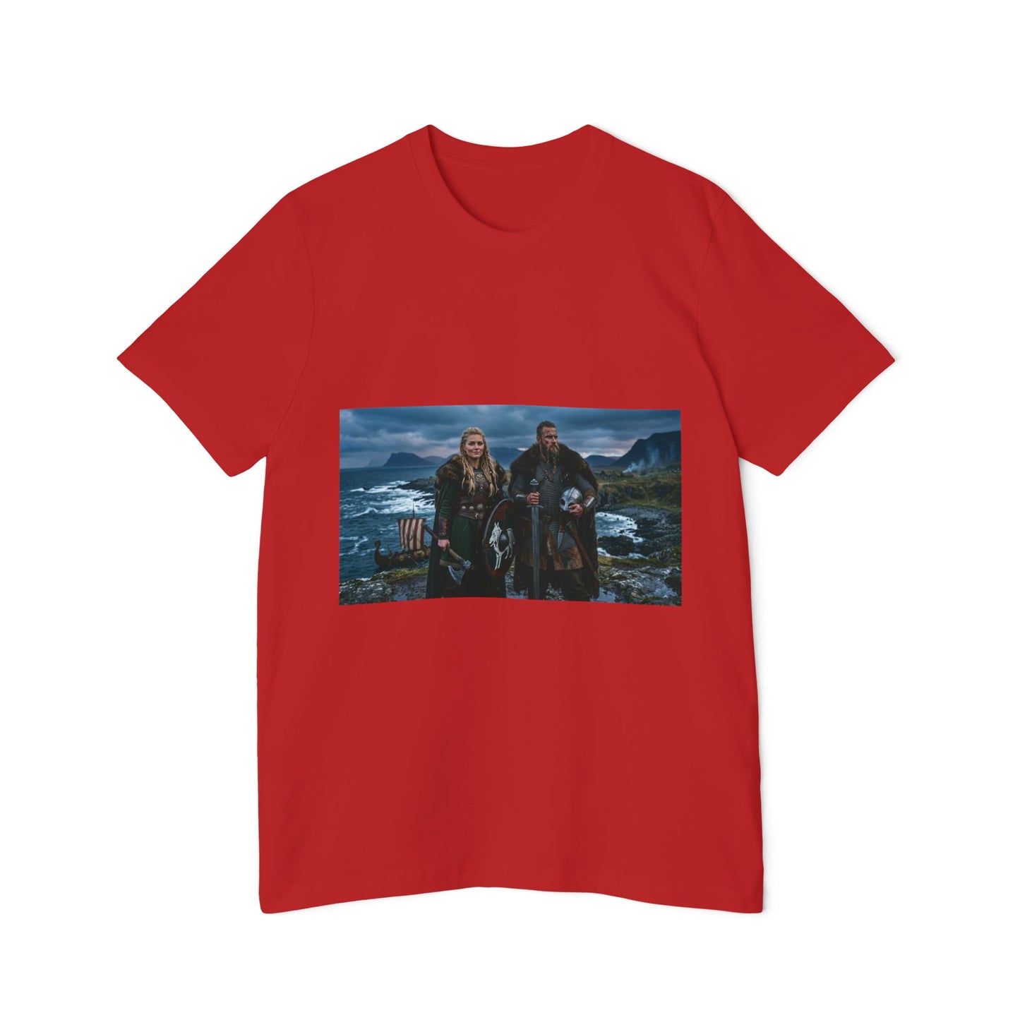 Viking Couple Scenic T-Shirt — Norse Shield & Axe Print