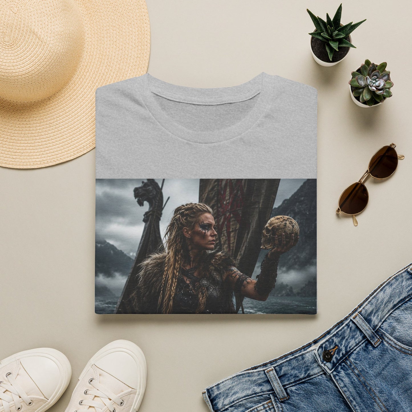 Viking Shieldmaiden Graphic T‑Shirt — Woman Holding Skull Norse Warrior Art